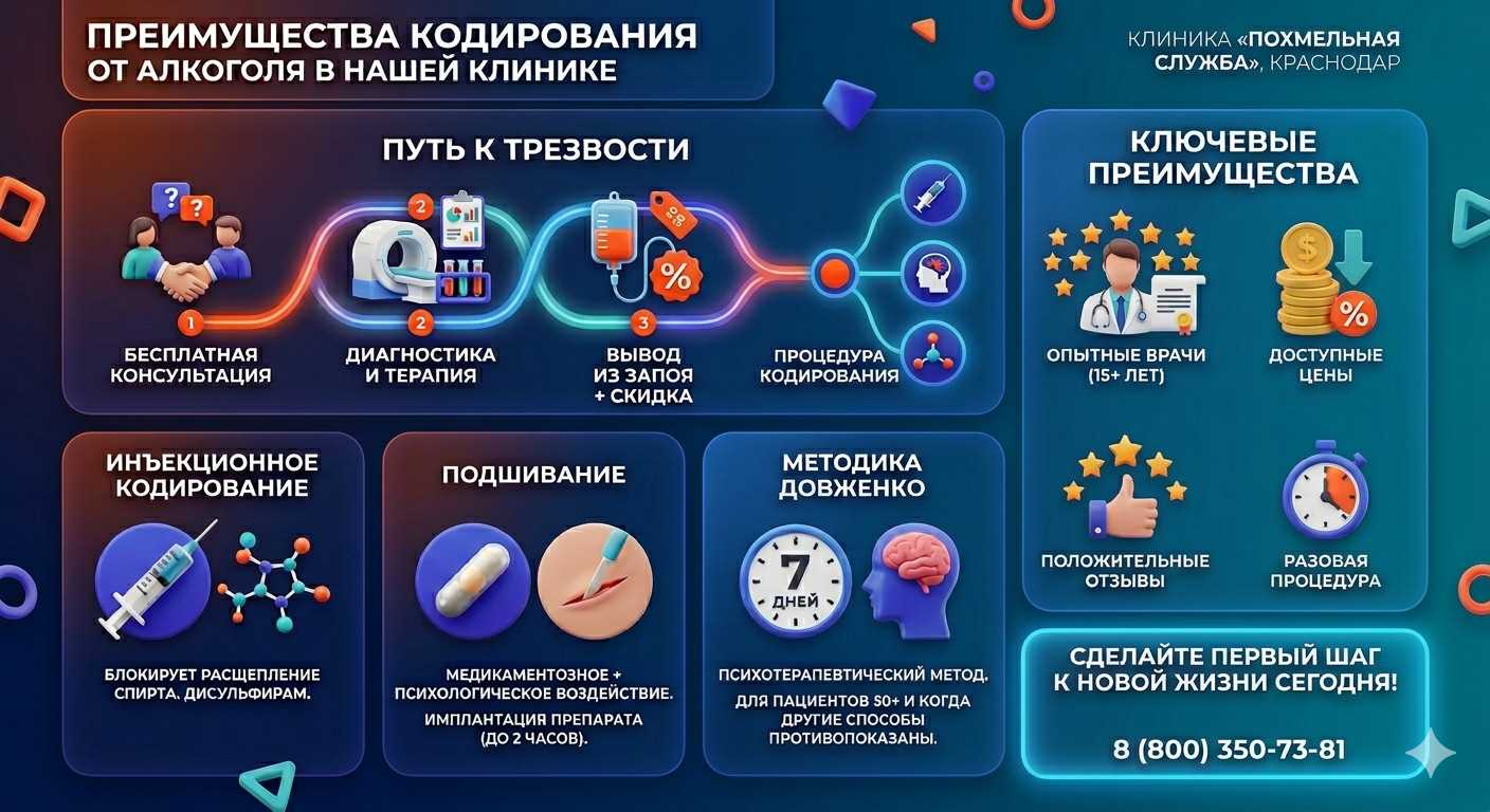 Инфографика о методах кодирования от алкоголя в Никольске: инъекции, подшивание, метод Довженко. Преимущества клиники и этапы лечения.