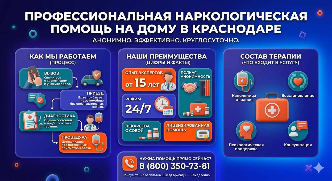 Инфографика о принципах лечения алкоголизма на дому в Никольске: этапы вызова нарколога, преимущества анонимной детоксикации и состав медицинской помощи.